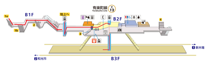 1．江戸川橋駅改札を出て、まっすぐ進み、「1a」の階段を上り地上に出ます。
